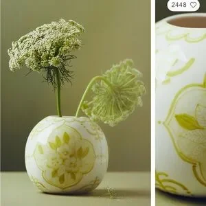 Anthropologie Elle Handpainted Chinoiserie Green Floral Ceramic Vase